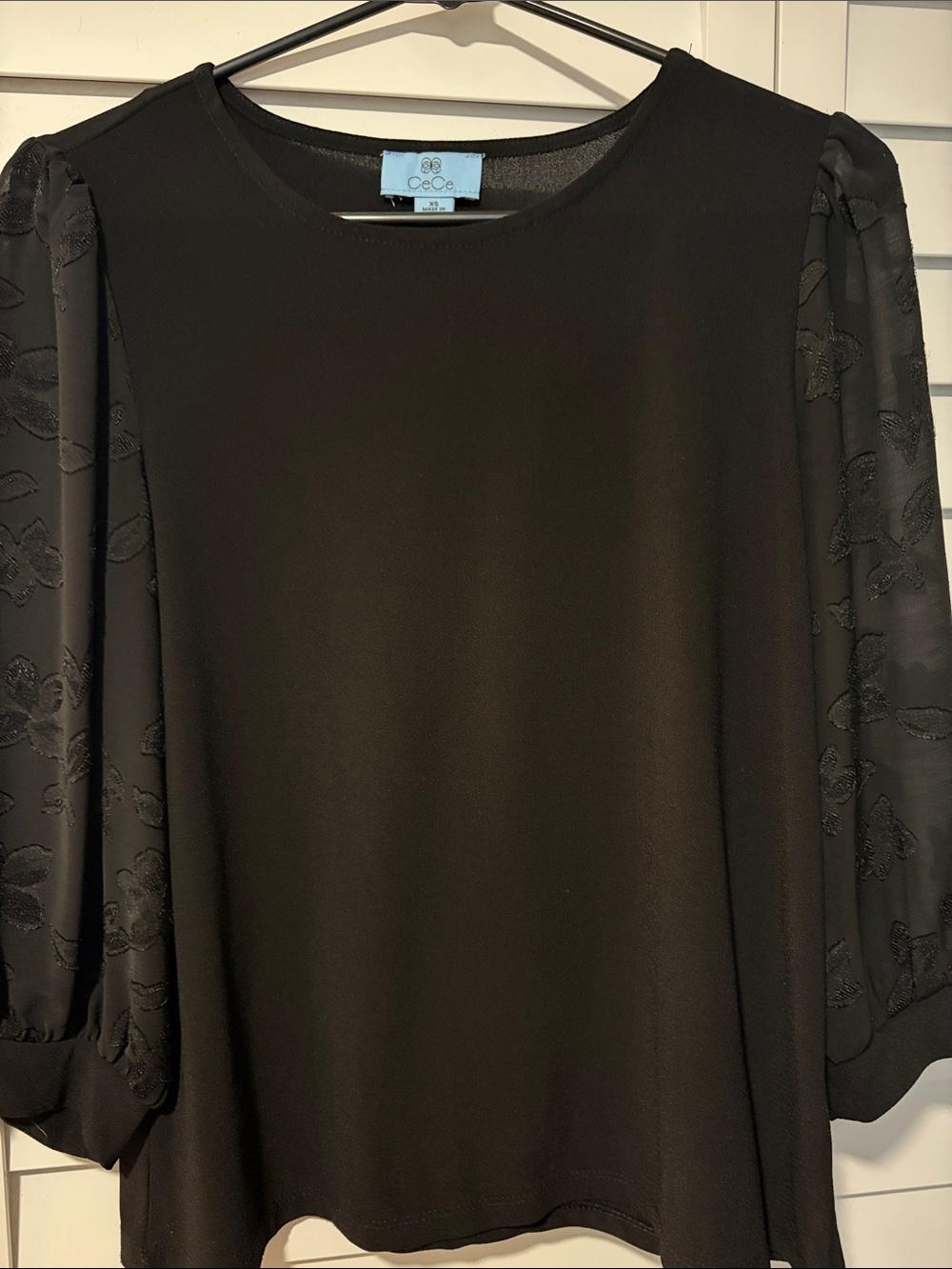 CeCe Black Puff-Sleeve Floral Sheer Blouse
